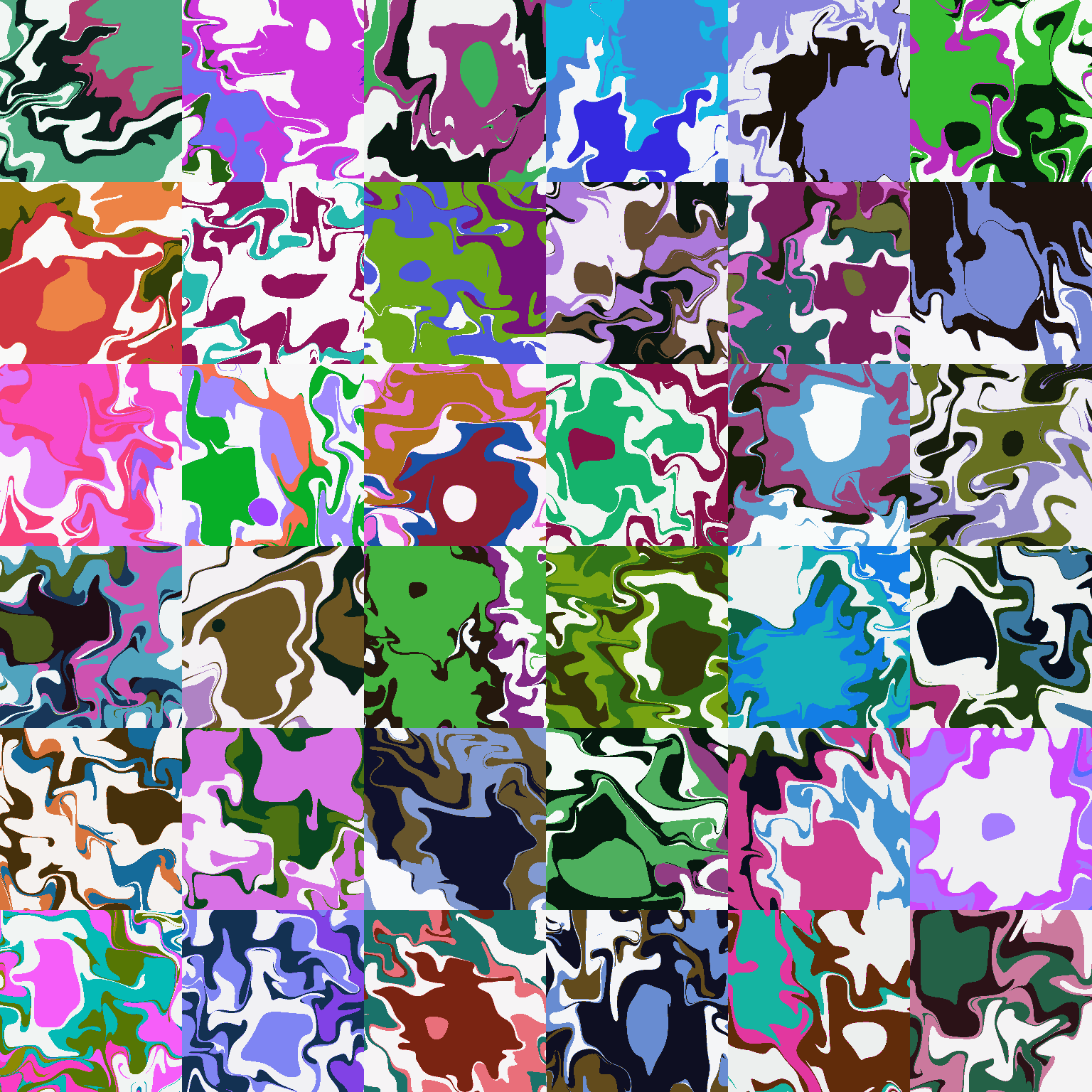 A grid of thirty-six pieces from the collection, each with its own palette and composition